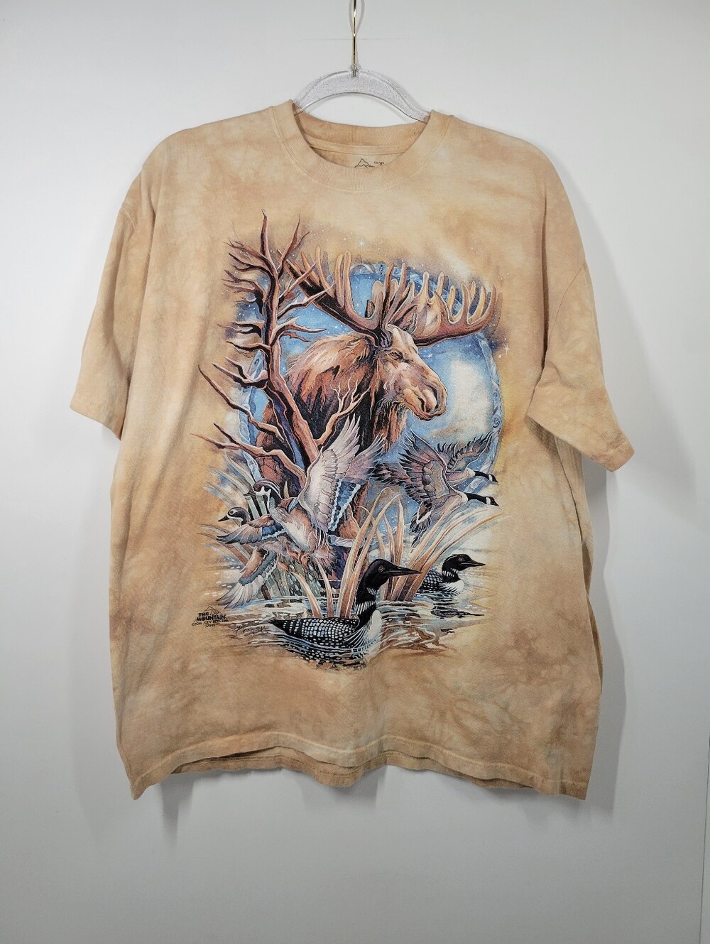 The Mountain Tan Cotton Tie Dye Moose Geese Loon Graphic T-Shirt Tshirt XL USA